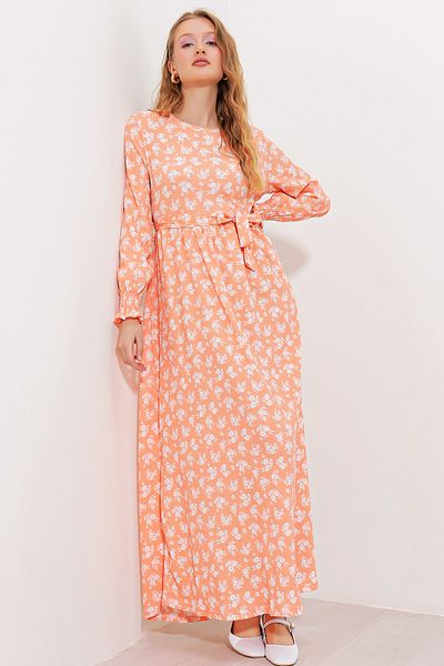 Bigdart Women's Salmon Ecru Floral Patterned Knitted Hijab Dress 1525