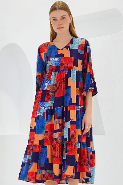 Bigdart Rochie din viscoză cu mâneci scurte, cu model Saks roșu, 1959