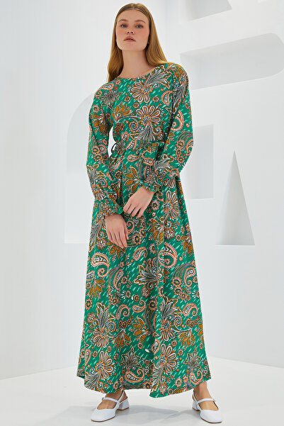 Bigdart Women's Green Floral Patterned Knitted Hijab Dress 1525