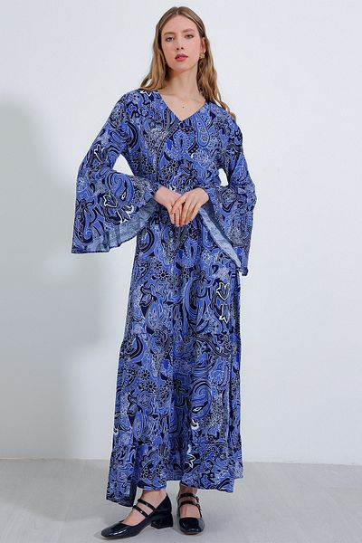 Bigdart Women's Saks V-Neck Patterned Long Dress 2454