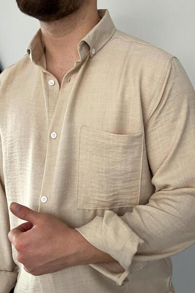 VİP LOKAL Bej Tek Cep Keten Gömlek
