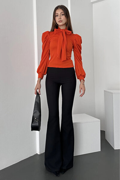 Fav Style Γυναικείο γιακά με κορδόνι με λεπτομέρεια Princess μακρυμάνικη μπλούζα πορτοκαλί