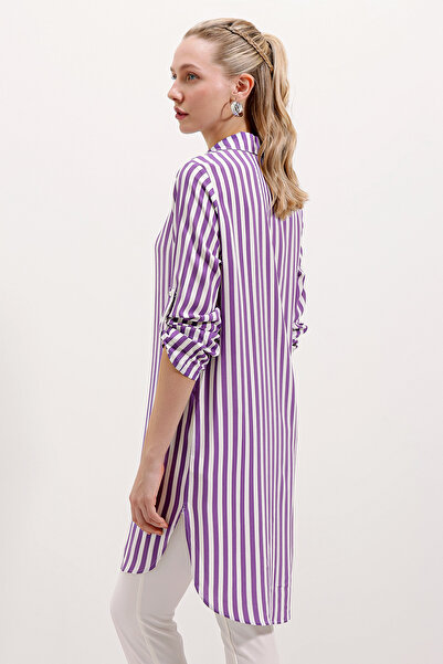 Bigdart 5613 Collar Lace Up Striped Tunic - Lilac