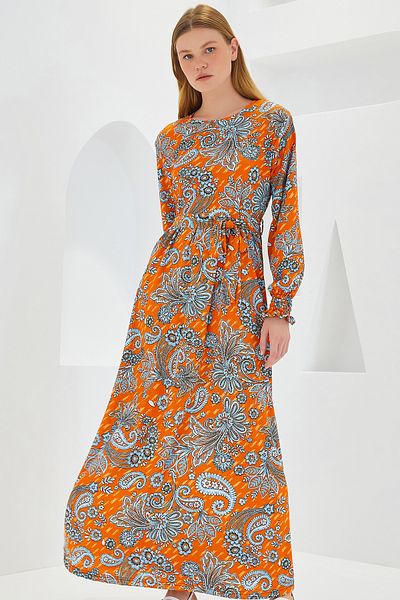 Bigdart Women's Orange Floral Patterned Knitted Hijab Dress 1525