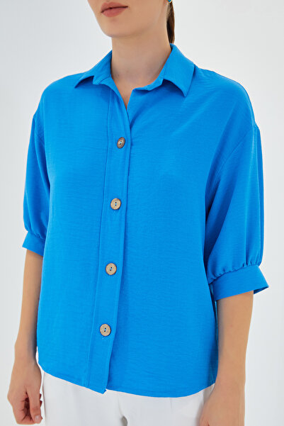 Bigdart Kadın Mavi Kısa Kol Oversize Keten Gömlek 20240