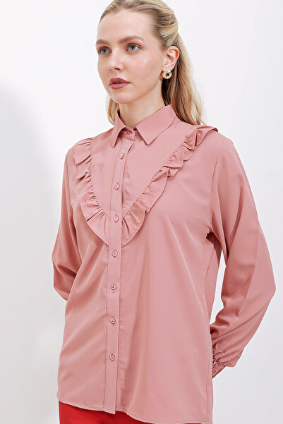 Bigdart 20223 Fırfırlı Uzun Kol Gömlek - Gül Kurusu