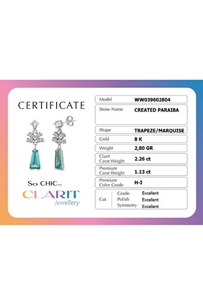 So CHIC... Created Paraiba Taşlı Clarit Serisi 8 Ayar Beyaz Altın Küpe