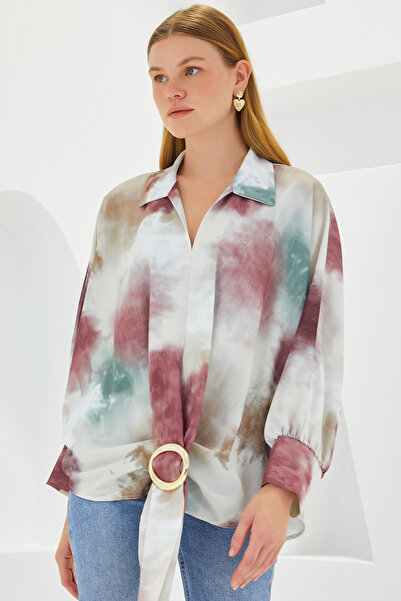 Bigdart Kadın Gül Kurusu Ekru Oversize Dökümlü Saten Gömlek 907