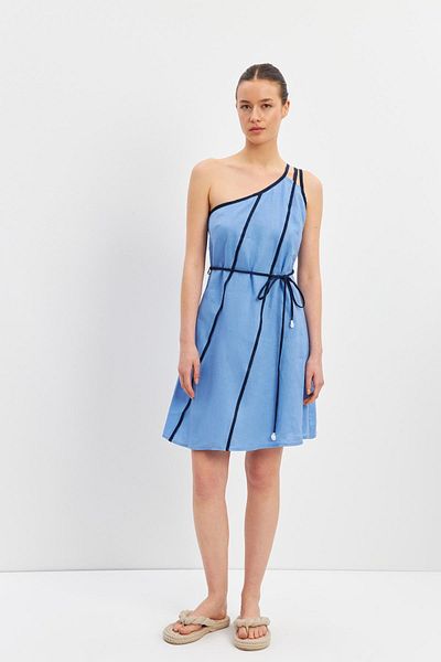 Setre Blue Linen Single Shoulder Open Stripe Detailed Waist Tie-Up Mini Dress