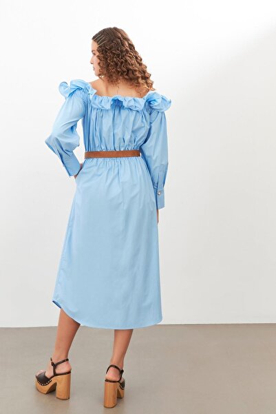 Setre Blue Off-Shoulder Belt Detailed Buttoned Dress