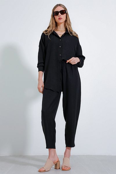 Bigdart Schwarzes, übergroßes Leinen-Oberteil-Set für Damen 6622
