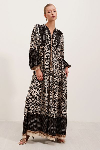 Bigdart Schwarz-beige gemustertes Viskose-Hijab-Kleid für Damen 2423
