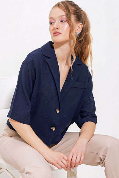 Bigdart Γυναικείο λινό μπουφάν με διπλό κουμπί Navy Blue Oversize Crop 0706
