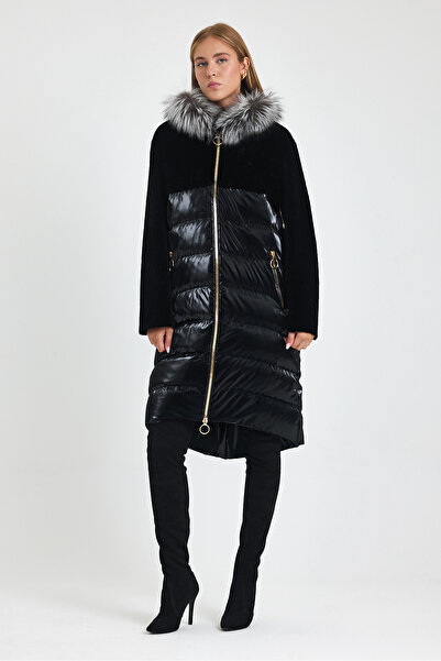 nero leather fur Siyah Su-Geçirmez Şişme Kaban Yaka Arjante Çift Taraflı Giyi...