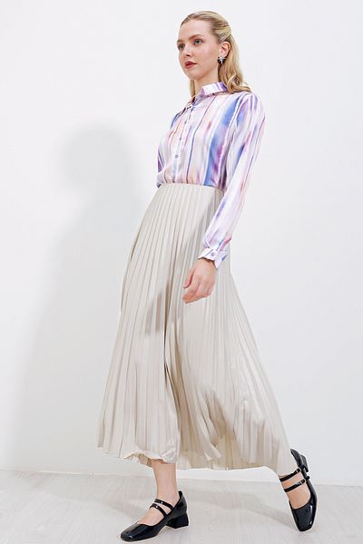 Bigdart 8009 Leather Look Pleated Skirt - Cream