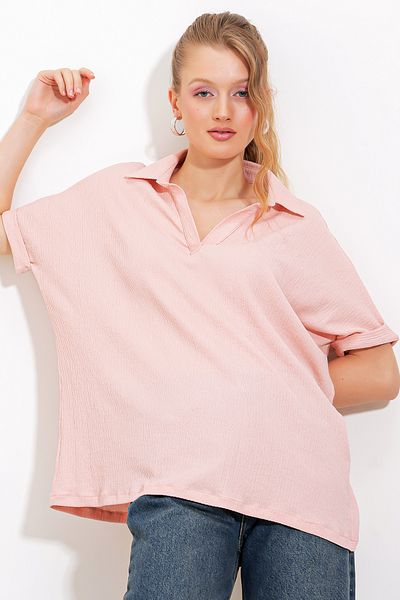 Bigdart Oversize dámská polo halenka v pudrové barvě - 0486