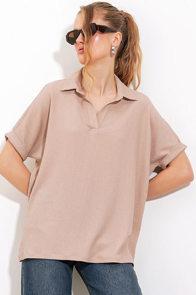 Bigdart Pletená dámska blúzka s piškótovým polo výstrihom - Oversize 0486
