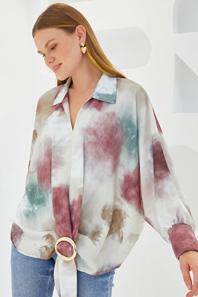 Bigdart Kadın Gül Kurusu Ekru Oversize Dökümlü Saten Gömlek 907