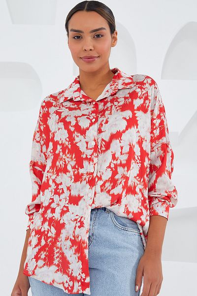 Bigdart Women's Red and White Patterned Oversize Satin Shirt 3985