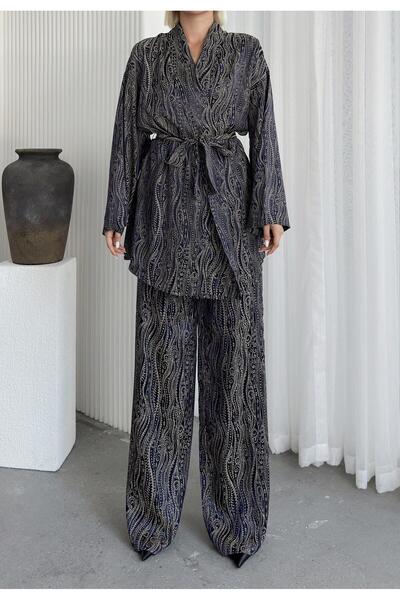 Olcay Mintás selyem megjelenésű kimonó dupla szett SÖTÉTKÉK 9251-TK