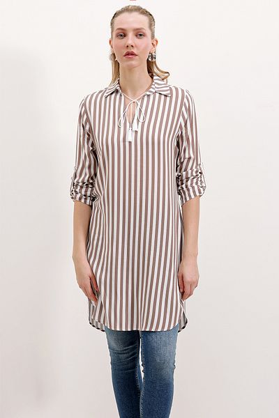 Bigdart Mink 5613 Model Collar Lace Up Striped Tunic