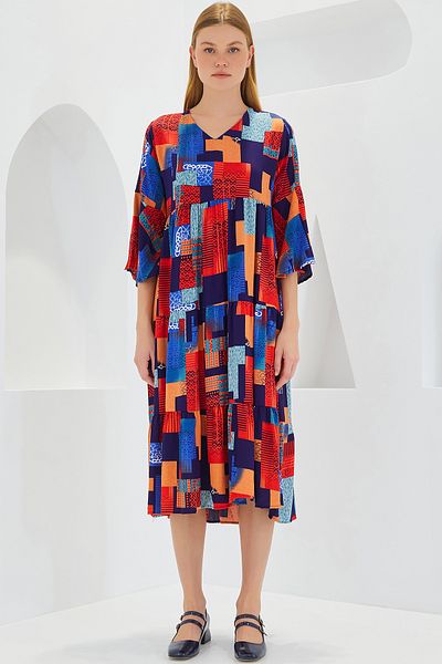 Bigdart Rochie din viscoză cu mâneci scurte, cu model Saks roșu, 1959