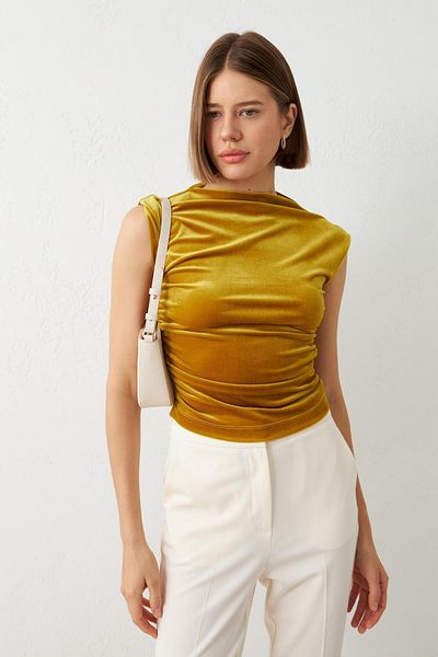 Setre Mustard Turtleneck Sleeveless Blouse with Waist Detail