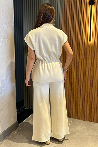 GÜLSELİ Cream Women's Button Detailed Vest Trousers Knitwear Double Set