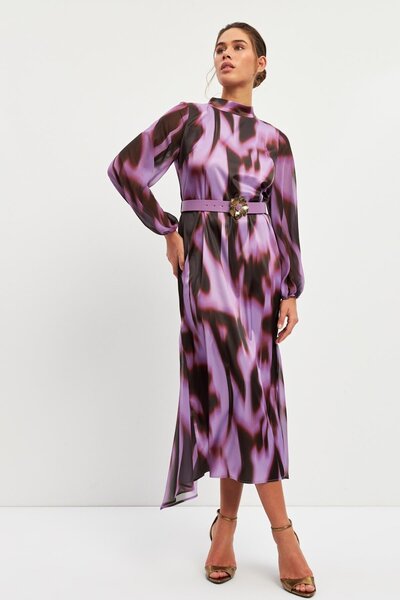 Setre Turtleneck Purple Patterned Long Sleeve Midi Dress