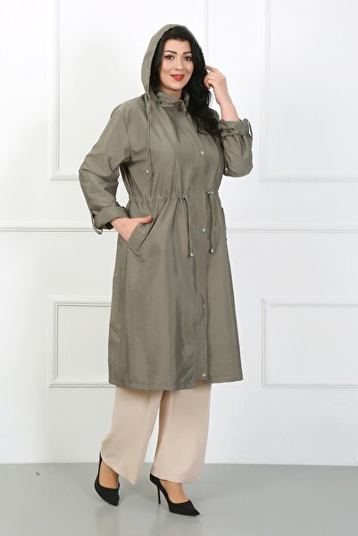 By Alba Collection Γυναικεία καμπαρντίνα από ύφασμα αλεξίπτωτου Χακί Μακριά Plus Size