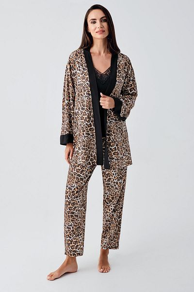 Artış Strappy Lace Leopard Patterned Viscous Dressing Gown Pajama Set