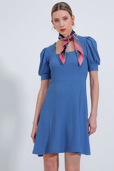 Bigdart Rochie mini tricotată cu guler pătrat indigo pentru femei