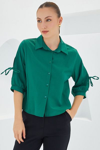 Bigdart Γυναικείο Smaragd Green Crop πουκάμισο με λεπτομέρεια στο μανίκι 20246