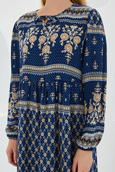 Bigdart Námořnicky modré krémové viskózové vzorované dámské dlouhé šaty - 1947