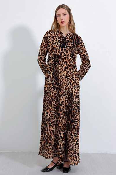 Bigdart Kadın Kahve Bej Yaka Bağcıklı Viskon Boydan Tesettür Elbise 1627