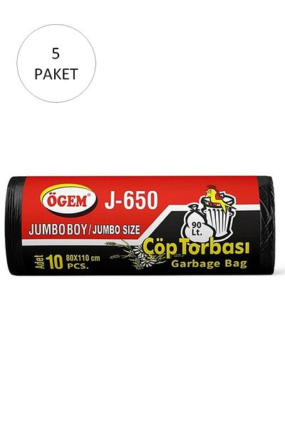 Ethab Ticaret J-650 كيس قمامة أسود كبير الحجم - 80x110 سم، 10 لفات، 5 عبوات = 50 قطعة