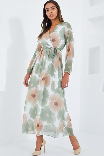 Bigdart Rochie de damă din șifon Cascade bej cu modele florale 2134