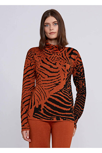 Knitss İntarsia Jakar Desenli Turuncu Siyah Triko