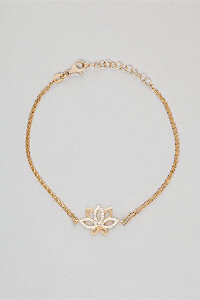 So CHIC... Nilüfer Çiçeği 18 Ayar Sarı Altın Kaplama 20 Cm Gümüş Minimal Bileklik
