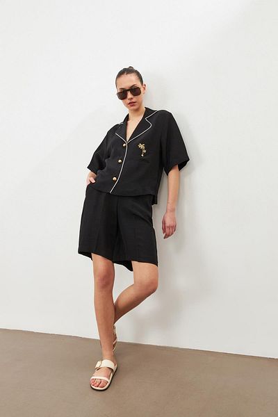 Setre Black Pocket Detailed Buttoned Blouse and Loose Cut Shorts Double Set
