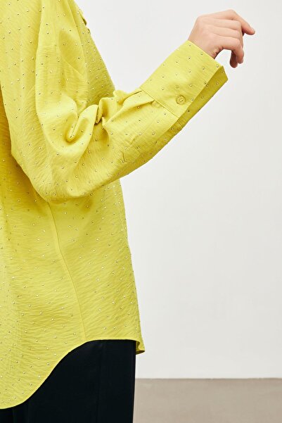 Setre Pistachio Green Shirt Collar Long Sleeve Stone Paste Detailed Button Closure Shirt