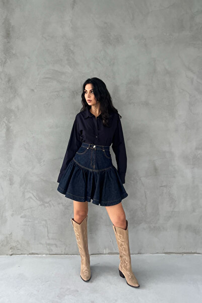 Seda Yalçın Atelier Navy Blue Drenthe Gather Detailed Heart Buttoned Denim Skirt