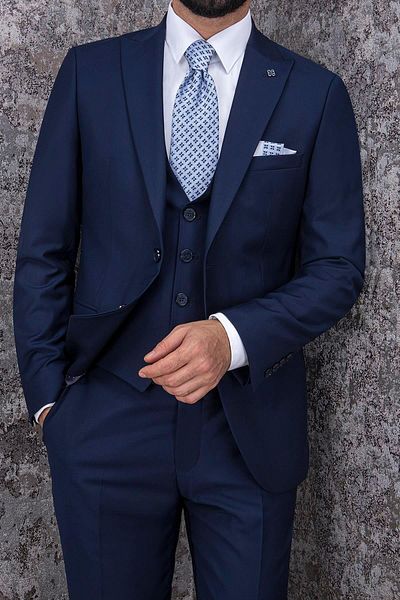 PR PACO ROMANO ART OF FASHİON Men's Slim Fit Pointed Collar Navy Blue Vest Suit