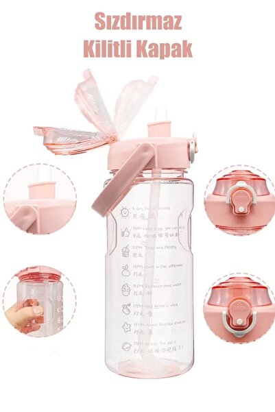 Berdina Home 3'lü Yeni Şeffaf Motivasyon Kokusuz Stickerlı Spor Suluk Matara Pipetli Taşınabilir Su Şişesi Renkli