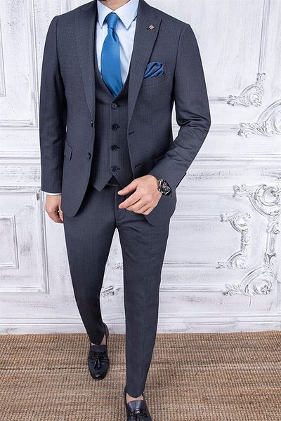 PR PACO ROMANO ART OF FASHİON Men's Slim Fit Pointed Collar Dark Navy Blue Vest Suit