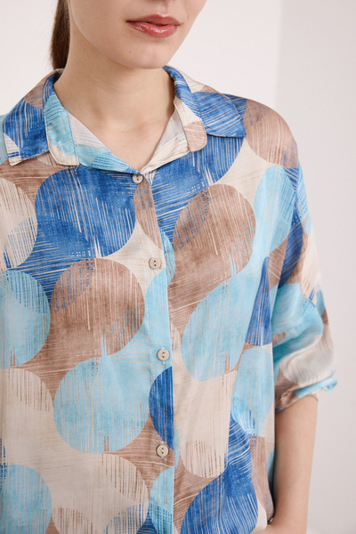 Bigdart Woman's Blue Beige Patterned Oversize Satin Shirt 3985