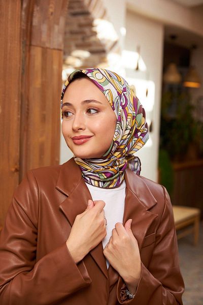İpekhan Geo Oval Soft Scarf Plum Yellow 1158-06