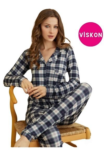 bie's Set pijamale din viscoză în carouri gri - nasturi în față, guler cămașă, buzunare, mânecă lungă de sezon
