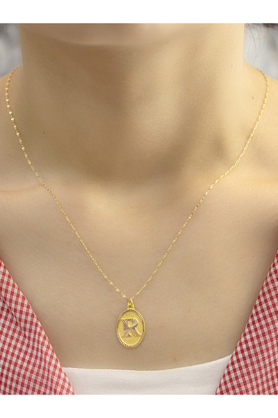 Zeynepli gold & jewelry 14 Ayar Altın Aynalı Oval R Harfli Kolye