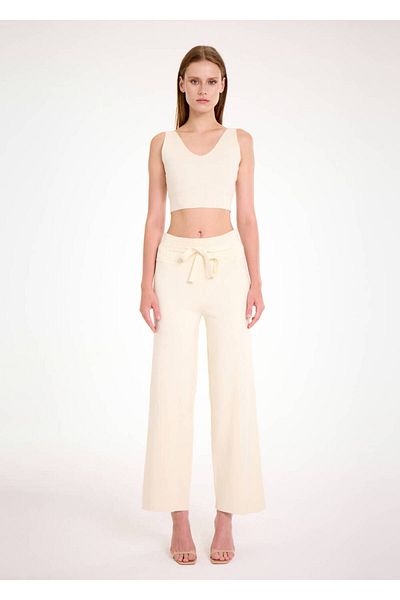Knitss Cream Knitwear Trousers with Lace-Up Waist